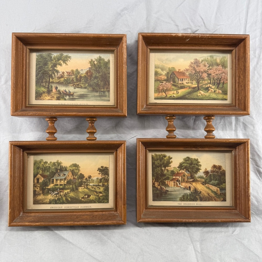 Vintage Currier and Ives Double Framed Prints Set of 4 American Homestead